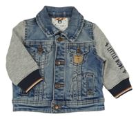 Modrá riflová bunda s teplákovými rukávy a medvědem C&A