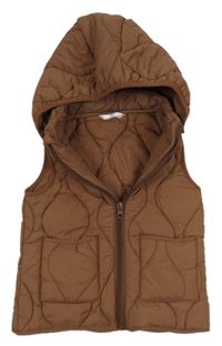 Hnědá prošívaná šusťáková zateplená vesta s odepínací kapucí Smile
