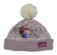 Lila pletená čepice s flitry a Frozen a bambulí Disney