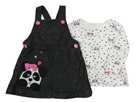 2 set - bílé puntíkaté triko se srdíčky + černé plátěné laclové šaty s pandou St. Bernard