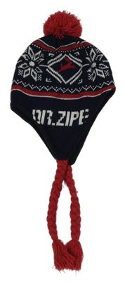 Tmavomodro-červená vzorovaná čepice s bambulí 