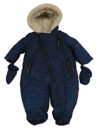 Tmavomodrá šusťáková zimní kombinéza s kapucí + rukavice Mothercare