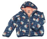 Tmavomodrá šusťáková zateplená bunda s jednorožci a kapucí 