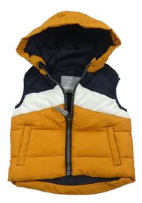 Medovo-tmavomodro-bílá šusťáková zateplená vesta s kapucí Primark