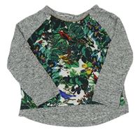 Šedo-zelené lněné triko s listy a ptáčky Tu