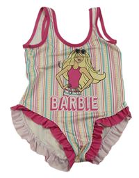 Růžovo-bílo-barevné pruhované jednodílné plavky s Barbie 