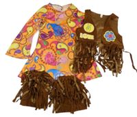 Kostým - 3set - Oranžovo-barevná šatová tunika + hnědá semišová vesta s třásněmi a nášivkami + návleky s třásněmi - Hippie