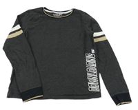 Tmavošedo-bílo-béžové triko s nápisem a pruhy Next