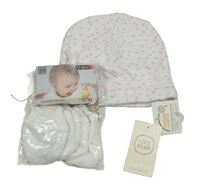 Nové - 4set - 1x bílo-růžová čepice se srdíčky + 3x bílé rukavice