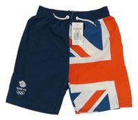 Nové - Petrolejovo-bílo-červené plážové kraťasy s vlajkou 