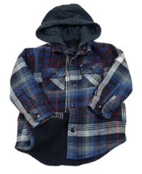 Tmavomodro-bílo-červená kostkovaná košilová zateplená bunda s kapucí Next