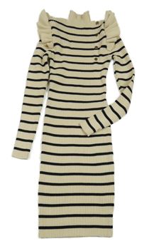 Béžovo-černé žebrované pruhované svetrové šaty s volánky 