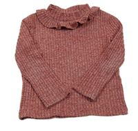 Cihlový melírovaný žebrovaný úpletový svetr s volánkem C&A