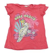 Fuchsiové tričko s papouškem a volánky 