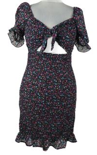 Dámské černé kytičkované šifonové žabičkové šaty s průstřihem FB Sister 