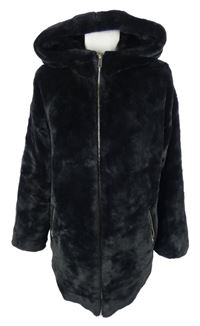 Dámský černý kožešinový kabát s kapucí Primark 