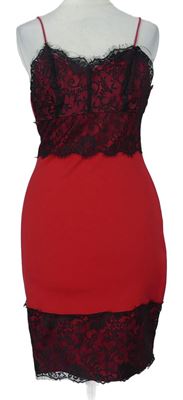 Dámské červeno-černé pouzdrové šaty s krajkou 