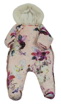 Světlerůžová květinová šusťáková zimní kombinéza s ptáčky a kapucí+ rukavice Baker