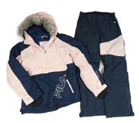 2set- růžovo-tmavomodrá šusťáková zimní bunda s kapucí+ oteplovačky Fila