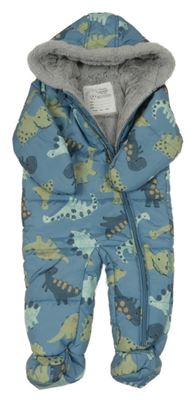 Modrá šusťáková zimní kombinéza s dinosaury a kapucí Nutmeg