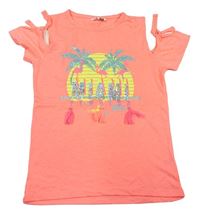 Neonově korálové tričko s plameňáky Pep&Co
