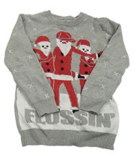 Šedý svetr s vločkami a Santou 