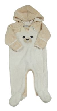 Béžovo-bílá chlupatá kombinéza s medvídkem a kapucí Baby Mack