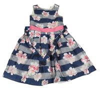 Tmavmodro-bílé pruhované organzové šaty s květy Jona Michelle