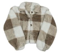 Hnědo-bílá kostkovaná plyšová crop košilová bunda Shein