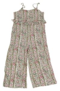 Bílo-khaki-růžový květovaný culottes overal Pepe Jeans