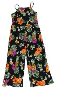 Černo-barevný květovaný žebrovaný culottes kalhotový overal H&M