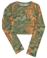 Khaki-oranžové síťované crop triko s listy Matalan