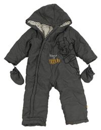 Šedá šusťáková zimní kombinéza s medvídkem Pú a kapucí + rukavice Disney