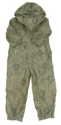 Khaki šusťáková jarní kombinéza se lvy a kapucí Tu