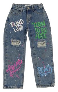 Modré mom rifle s nápisy a prošoupáním 