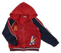 Červeno-tmavomodrá propínací sportovní mikina s kytaristou a kapucí 