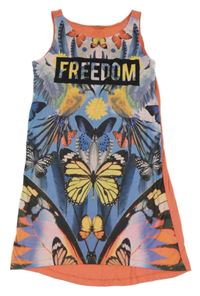 Oranžovo-barevné šaty s motýly a nápisem Y.F.K.