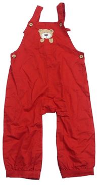 Červené plátěné laclové kalhoty s medvídkem 