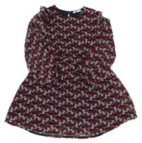 Tmavomodro-bordó-bílo/světlešedé pruhované vzorované žoržetové šaty zn. GÉMO