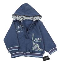 Nové - tmavomodrá propínací mikina s dinosaurem a nápisy a pruhy a kapucí St. Bernard