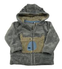 Tmavošedá plyšová bunda s medvídkem a kapucí s oušky lupilu