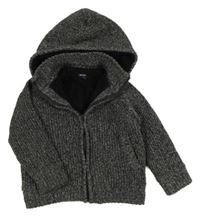 Tmavošedý melírovaný žebrovaný pletený propínací zateplený svetr s kapucí KIABI