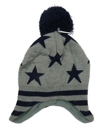 Nové - šedo-tmavomodrá melírovaná pletená čepice s hvězdičkami a pruhy a bambulí PUSBLU