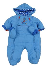 Modrá prošívaná šusťáková zimní kombinéza s pejskem a kapucí + rukavice St. Bernard