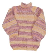 Fialovo-brosvkovo-růžovo-žlutá pruhovaný melírovaný pletený rolák