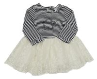 Bílo-tmavomodré šaty s pruhy a hvězdičkou a krajkou s kytičkami Topomini