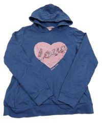 Tmavomodrá melírovaná mikina se třpytivým srdíčkem a nápisem z flitrů a kapucí POCOPIANO