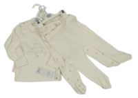 Nové - 4Set - 2x - Smetanové žebrované triko s nápisy, duhami + 2x - polodupky George