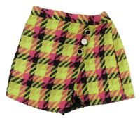 Neonově zeleno-tmavorůžovo-černéá kostkované vzorované kraťasy se sukní s knoflíky RIVER ISLAND