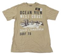 Nové - béžové tričko se surfaři a nápisy Matalan